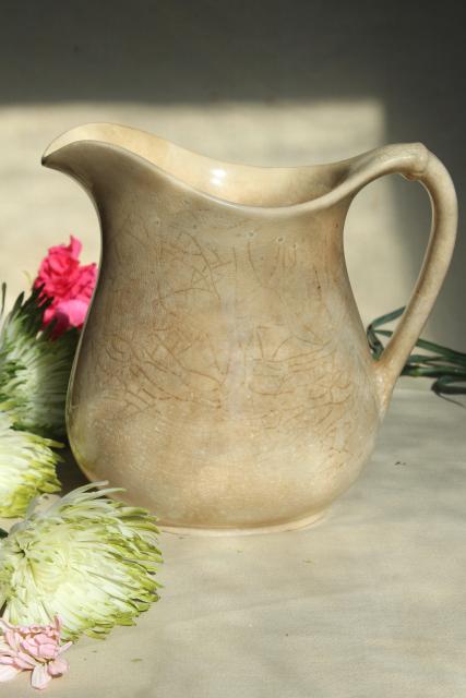 photo of large old wash pitcher or milk jug, shabby browned white china antique vintage #2