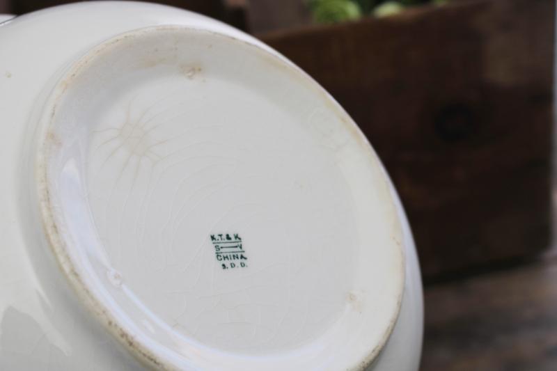 photo of large old white ironstone bowl, semi porcelain china antique Knowles Taylor Knowles mark #4