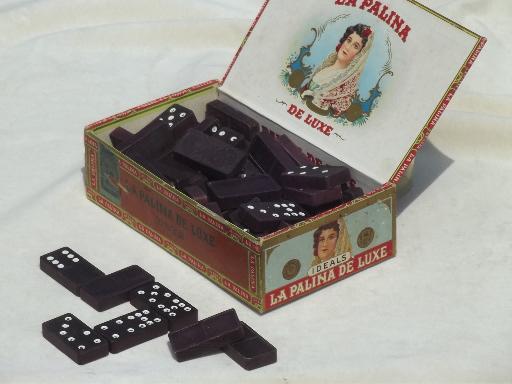 photo of large old wood dominoes, worn wooden dominos in antique cigar box #1