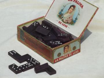 catalog photo of large old wood dominoes, worn wooden dominos in antique cigar box