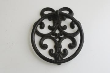 catalog photo of large ornate cast metal door knocker or ring pull for handle, hardware for vintage furniture 