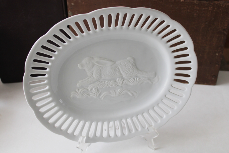 photo of large oval plate w/ embossed bunny rabbit, pure white porcelain platter farmhouse style #1