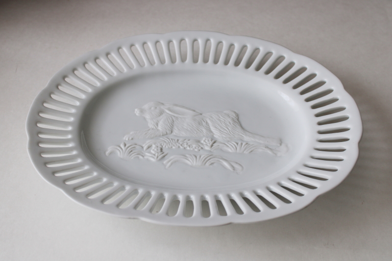 photo of large oval plate w/ embossed bunny rabbit, pure white porcelain platter farmhouse style #2