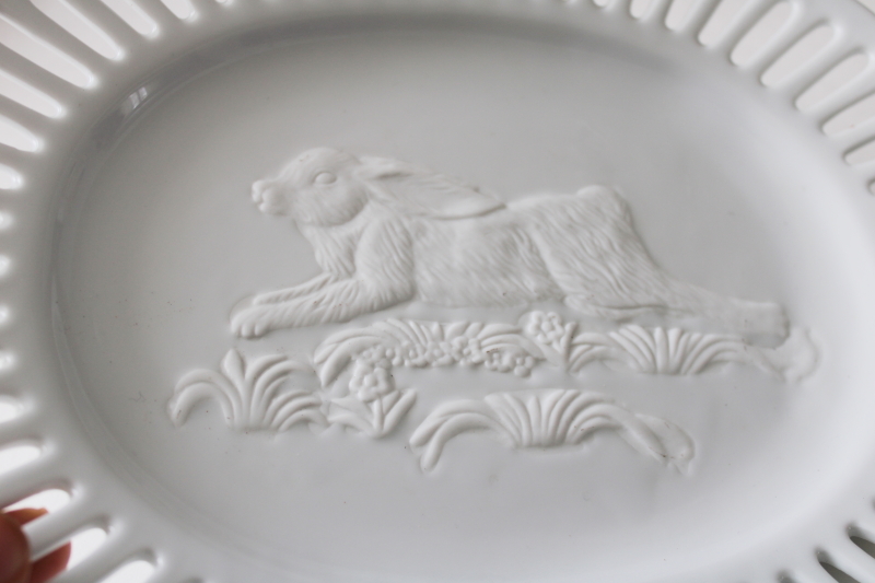 photo of large oval plate w/ embossed bunny rabbit, pure white porcelain platter farmhouse style #3