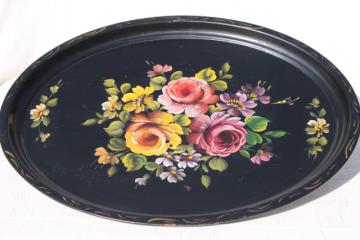 catalog photo of large oval tole tray, hand painted vintage metal serving table tray w/ floral on black