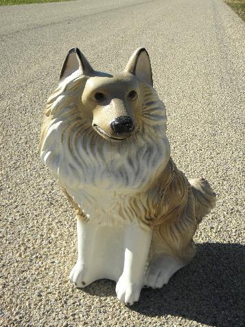 photo of large painted plaster fireplace dog, vintage chalkware collie coin bank #1