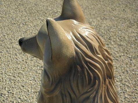photo of large painted plaster fireplace dog, vintage chalkware collie coin bank #2