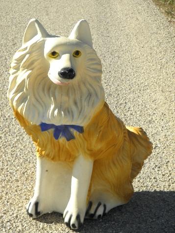 photo of large painted plaster fireplace dog, vintage chalkware collie coin bank #1