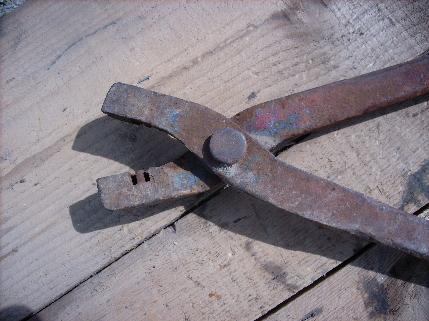 photo of large pair of old blacksmith shop forge & anvil tongs, 25in long #2