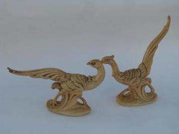 catalog photo of large pheasants, pair vintage plaster or ceramic figures w/ antique finish