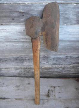 catalog photo of large primitive antique broad axe tool for hand hewing barn beams etc