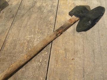 catalog photo of large primitive antique broad axe with 11-1/2'' blade, for hand hewing barn beams etc