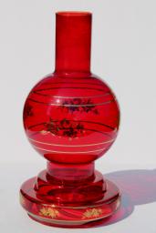 catalog photo of large red glass hurricane lamp for candles, vintage chimney shade candle holder