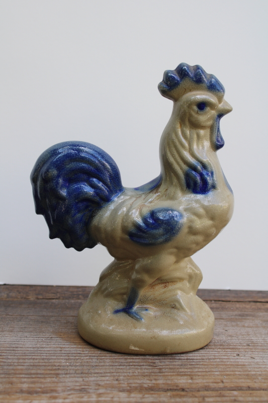 photo of large rooster figurine Beaumont Brothers salt glazed pottery, vintage cottagecore decor  #1
