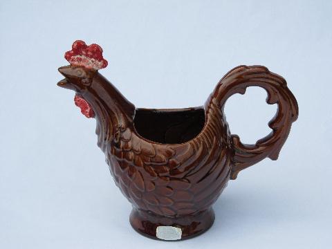 photo of large rooster kitchen pitcher, vintage Haeger pottery w/ original label #1