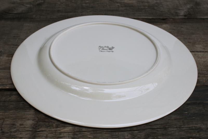 photo of large round cake plate ivory porcelain platinum wedding band pattern, vintage Japan Fine Arts china #5