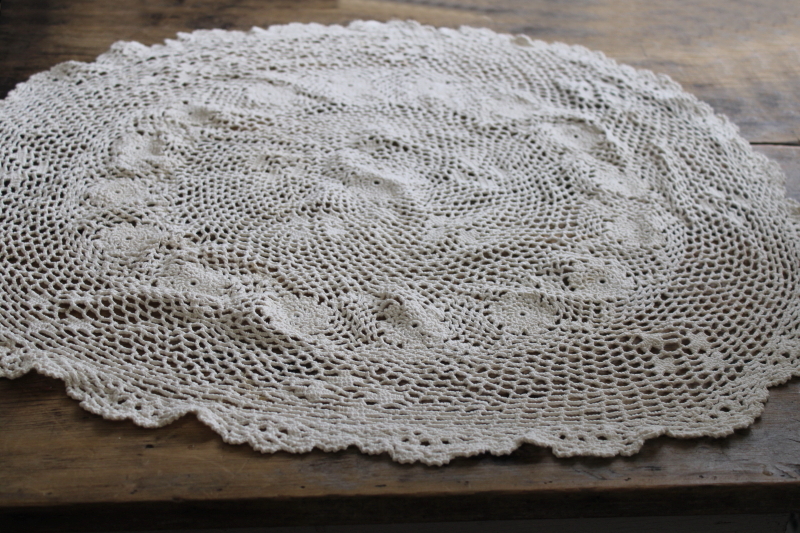 photo of large round crochet lace doily, vintage hippie girl wall hanging or table cover #1