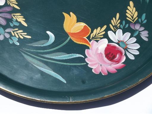 photo of large round hand-painted tole tray w/ bright flowers, vintage Ransburg #3