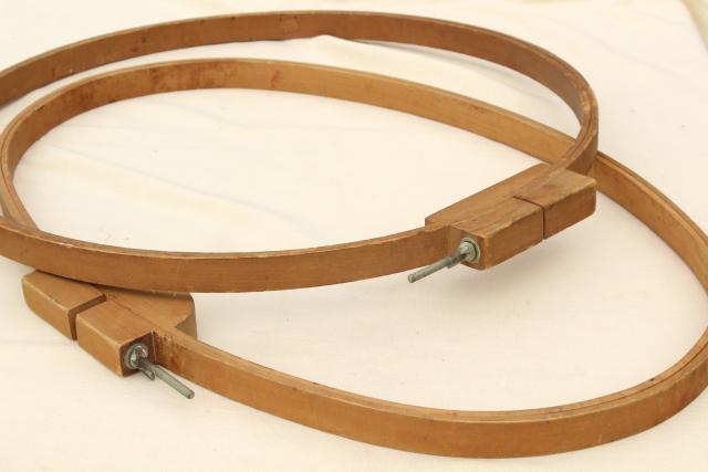 photo of large round & oval wood hoop needlework frames, vintage embroidery or lap quilting frame #5