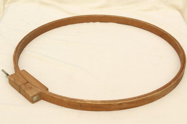 photo of large round & oval wood hoop needlework frames, vintage embroidery or lap quilting frame #12