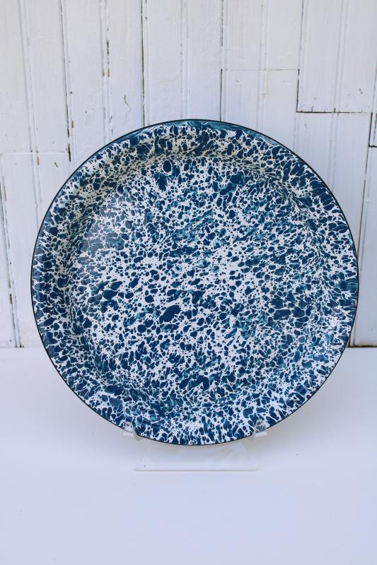 photo of large round serving tray, vintage blue and white splatterware enamel ware #1