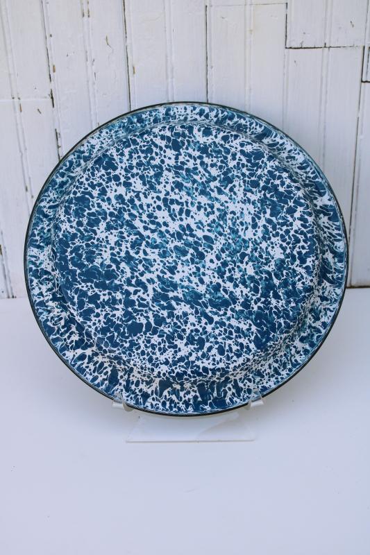 photo of large round serving tray, vintage blue and white splatterware enamel ware #2