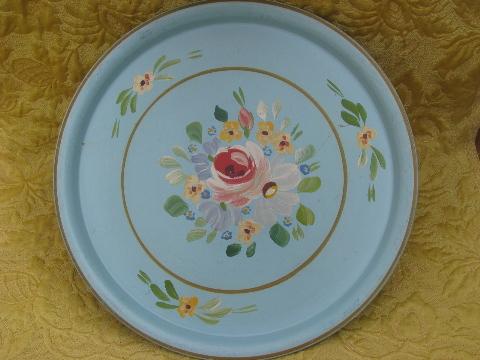 photo of large round tole trays, shabby chippy floral amd worn old blue paint #2