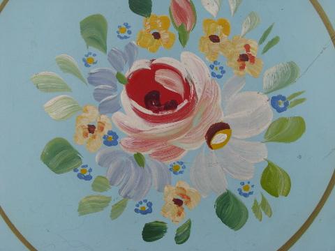 photo of large round tole trays, shabby chippy floral amd worn old blue paint #3