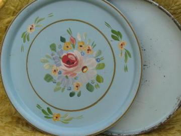 catalog photo of large round tole trays, shabby chippy floral amd worn old blue paint