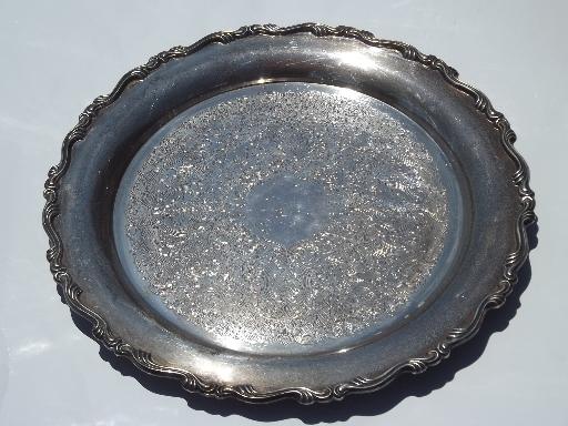 photo of large round vintage Oneida tray, silver plate over heavy copper or brass #1