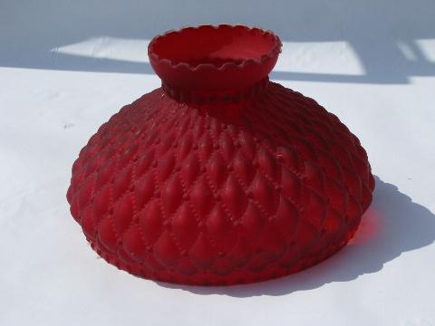 photo of large ruby red satin frosted glass lampshade, vintage Fenton shade for student lamp #1