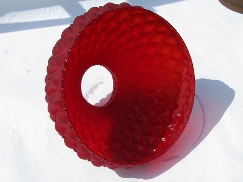 photo of large ruby red satin frosted glass lampshade, vintage Fenton shade for student lamp #2