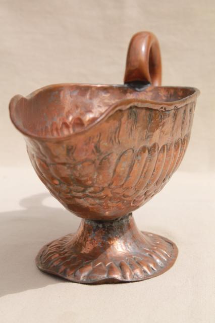 photo of large rustic hand tooled copper pitcher, vintage genie lamp shape ewer or vase #2