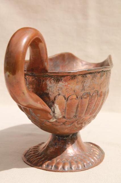 photo of large rustic hand tooled copper pitcher, vintage genie lamp shape ewer or vase #4