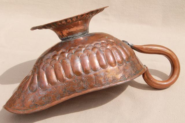 photo of large rustic hand tooled copper pitcher, vintage genie lamp shape ewer or vase #8