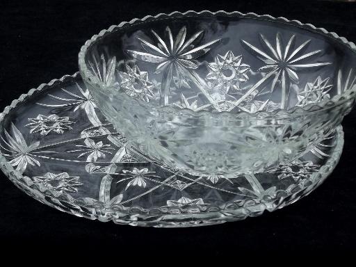 photo of large salad bowl and sandwich / serving plate, vintage AH prescut glass #1