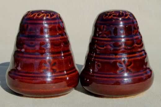 photo of large salt & pepper shakers, vintage Marcrest stoneware pottery brown daisy dot pattern #1