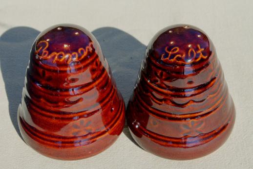 photo of large salt & pepper shakers, vintage Marcrest stoneware pottery brown daisy dot pattern #2