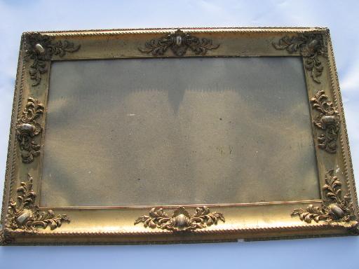 photo of large shabby antique ornate gold wood frame, original vintage glass #1