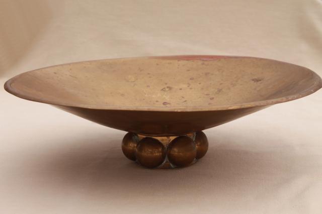 photo of large shallow brass bowl, handcrafted vintage brass planter or dish w/ tarnished patina #1