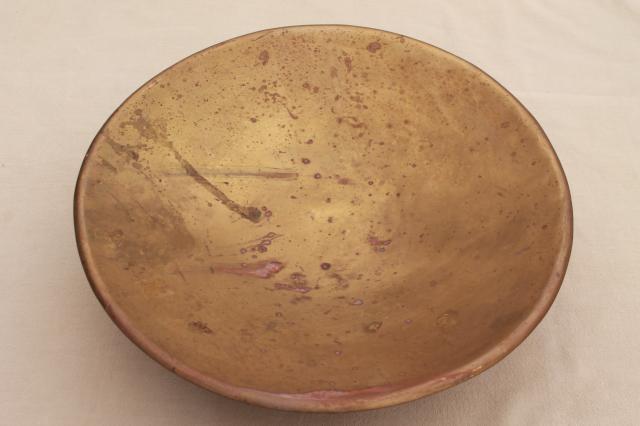 photo of large shallow brass bowl, handcrafted vintage brass planter or dish w/ tarnished patina #3