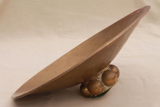 photo of large shallow brass bowl, handcrafted vintage brass planter or dish w/ tarnished patina #8