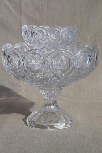 photo of large & small compote bowls, jewel & loop bullseye pattern glass pedestal dishes #1