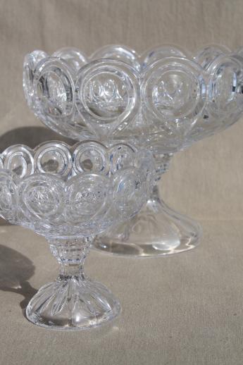 photo of large & small compote bowls, jewel & loop bullseye pattern glass pedestal dishes #3