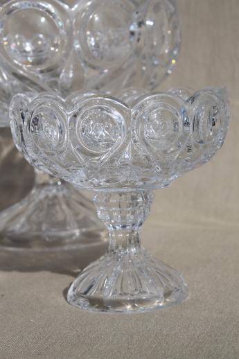 photo of large & small compote bowls, jewel & loop bullseye pattern glass pedestal dishes #5