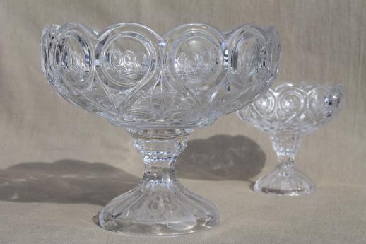 photo of large & small compote bowls, jewel & loop bullseye pattern glass pedestal dishes #6