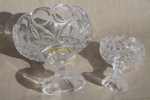 photo of large & small compote bowls, jewel & loop bullseye pattern glass pedestal dishes #8