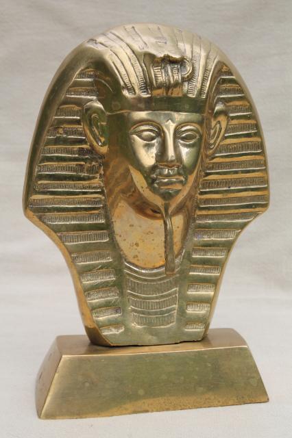 photo of large solid brass bust of King Tut, vintage Egyptian art statue bookend doorstop #1