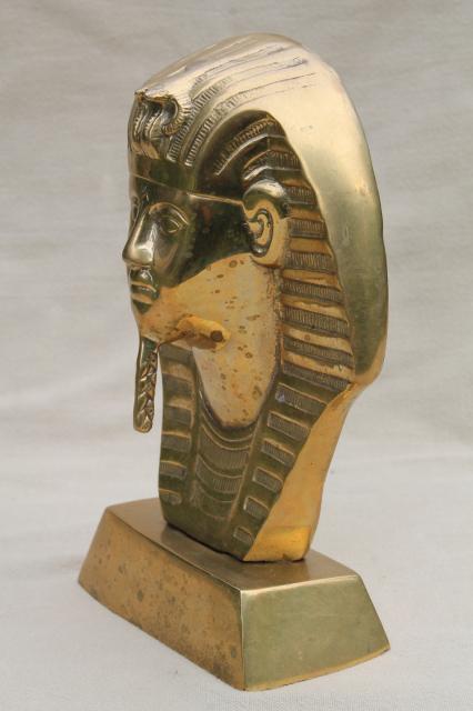 photo of large solid brass bust of King Tut, vintage Egyptian art statue bookend doorstop #2