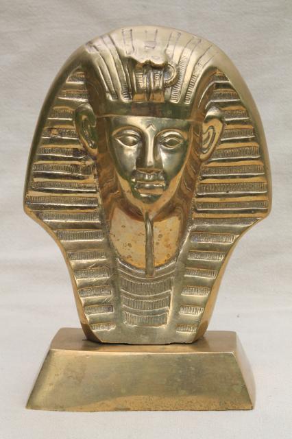 photo of large solid brass bust of King Tut, vintage Egyptian art statue bookend doorstop #3